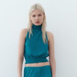 zara turquoise/teal high collared sleeveless top sz small/xs (nwt)
